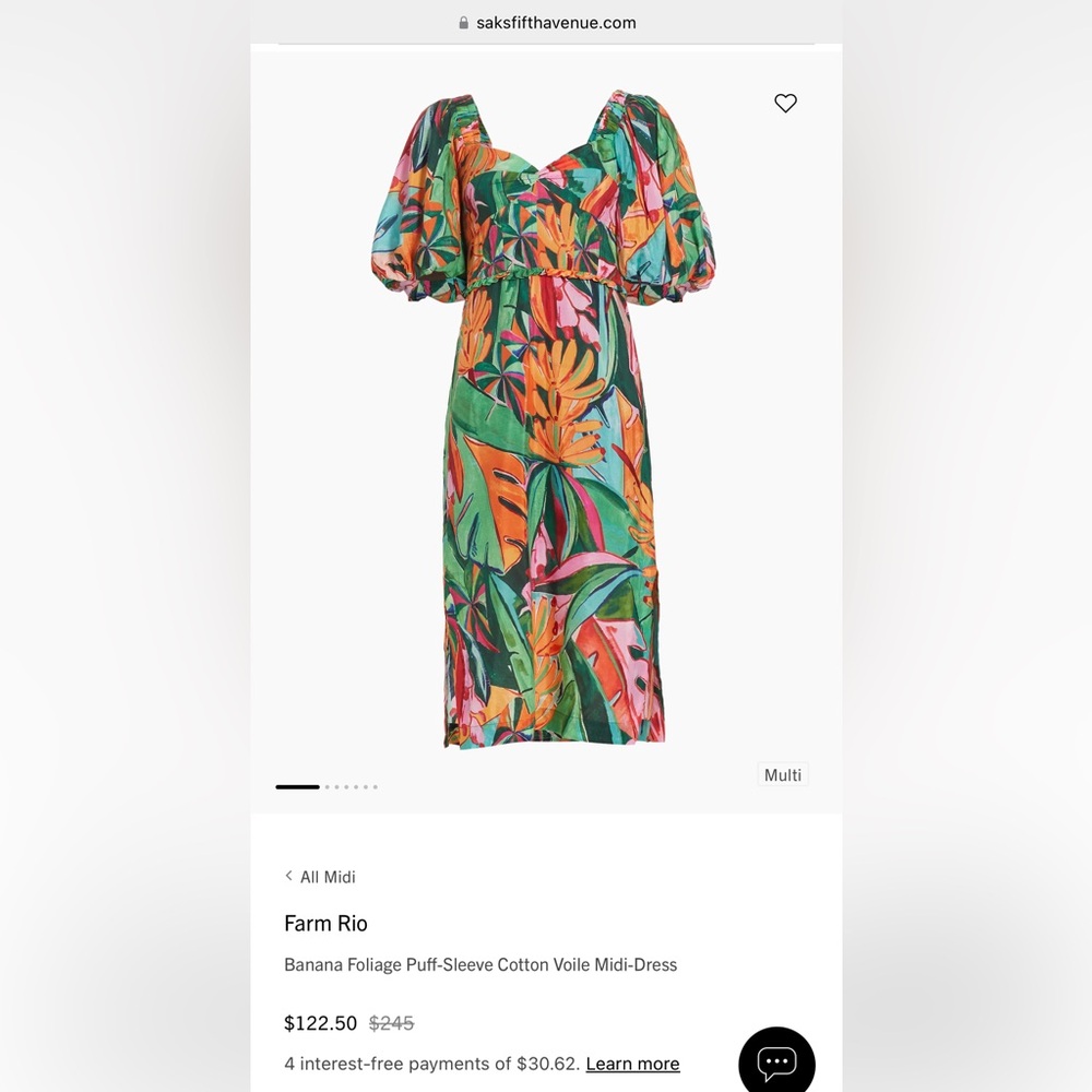 NWT Farm Rio Banana Foliage midi dress size S